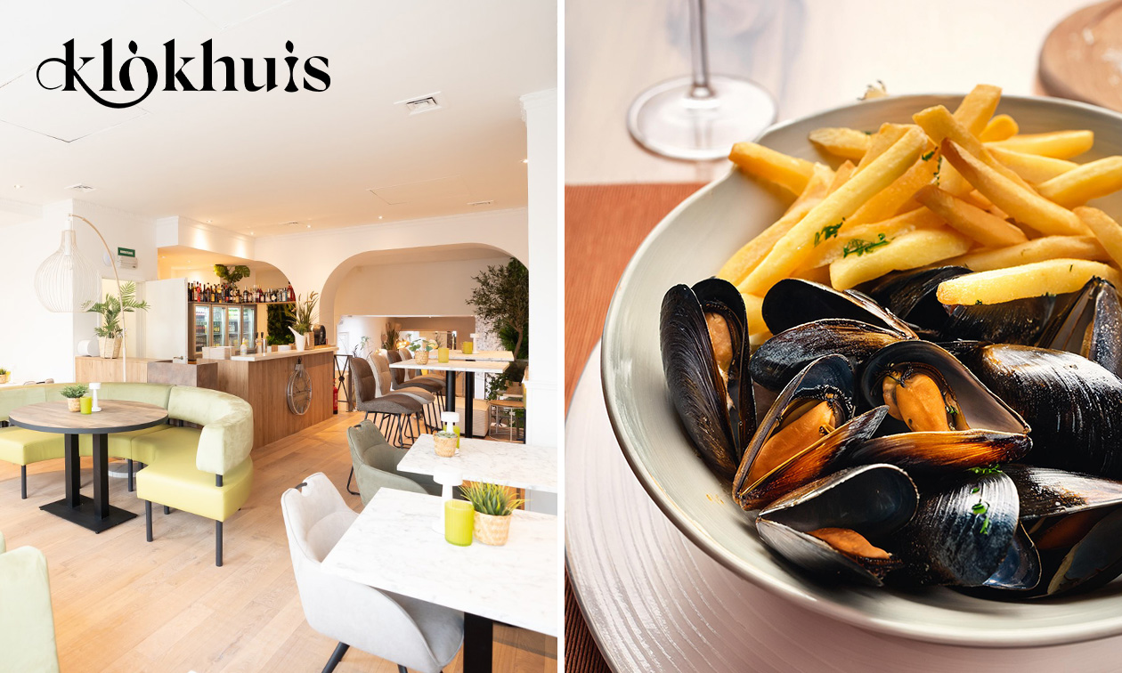 Klokhuis, Mosselen (1,1 kg) + frietjes + saus + glas wijn bespaar 29%